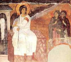 Ангел на гробе.  Фреска Милешевского монастыря.