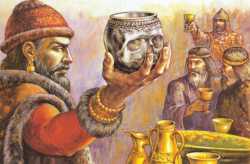 Хан Крум пьёт из чаши, сделанной из черепа василевса Никифора. Современный рисунок.