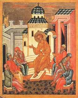Преполовение (Беседа Христа с книжниками).  Икона, кон. XV в., Новгород