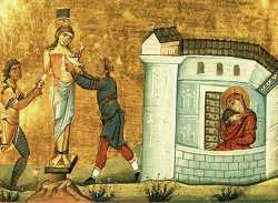 Мучение св. Агафии Сикелийской.  Миниатюра из Минология Василия II, ок. 979-989 (Ватиканская библиотека)