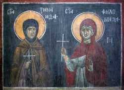 Мцц. Зинаида и Филонилла. Фреска церкви Благовещения в Грачанице, Косово, Сербия (ок. 1318 г.)