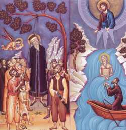 Икона с изображением мученической кончины св. Космы Этолийского и нахождения его св. мощей