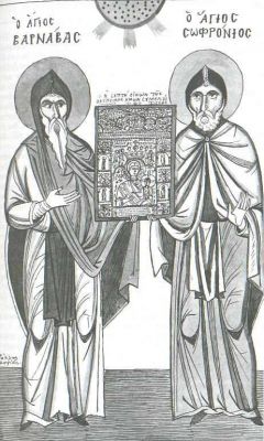 Преподобные Варнава и Софроний с иконой Богородицы «Панагия Сумела»