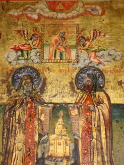 Преподобные Варнава и Софроний Сумельские с иконой Богородицы