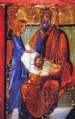 Авгарь получает Нерукотворный Образ от апостола Фаддея. Энкаустическая икона (после 944) - верхняя часть левой створки триптиха с утраченным средником. Монастырь Святой Екатерины на Синае