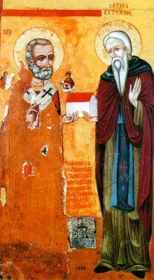 Свт. Николай Чудотворец и прп. Евтихий. Икона. 1708 г. (монастырь Иереев, Кипр)