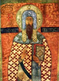 Святитель Феодор, епископ Ростовский и Суздальский.  Шитая икона, XVI в.
