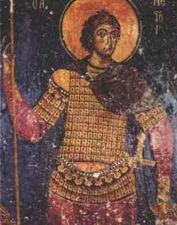 Мученик Нестор.  Фреска XII в., Церковь св. Николая, Кастория, Македония.
