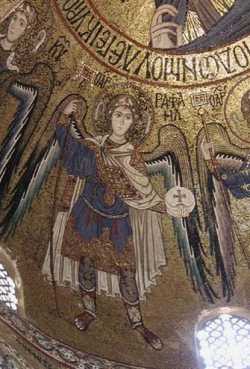 Св. Архангел Рафаил.  Деталь мозаики сер. XII в. в куполе ц. Капелла Палатина, Палермо, Италия.