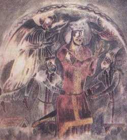 Св. царь Грузинский Димитрий I.  Фреска Михаила Маглакели 1142 г., Мацхваришский монастырь.