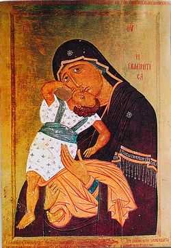 Икона Божией Матери "Взыграние младенца". 1422 г. Мастер Макарий Зограф (Худож. галерея Скопье)