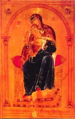 Богоматерь с младенцем типа Киккской на троне. Средник иконы. XII в. (монастырь вмц. Екатерины на Синае)