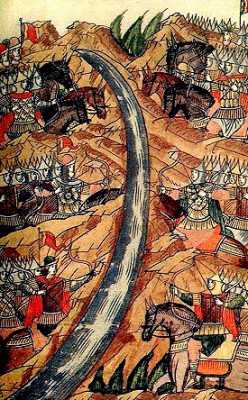 Стояние на реке Угре. Миниатюра летописного свода. XVI век.