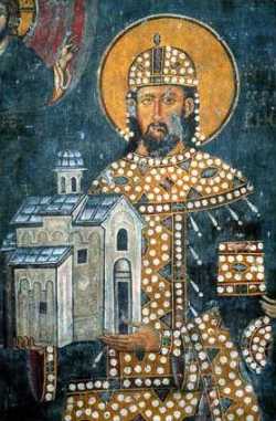Св. Стефан Драгутин.  Фреска 1296 г., Ахилиевский храма, Арилье.