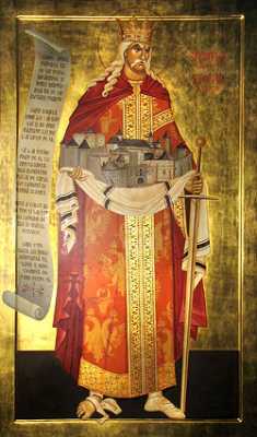 Св. господарь Стефан Великий.  Икона близ мощей святого.  В руках у господаря - монастырь Путна.