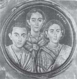 Валентиниан III, Галла Плацидия и Гонория (?). Миниатюра на позолоченном стекле.