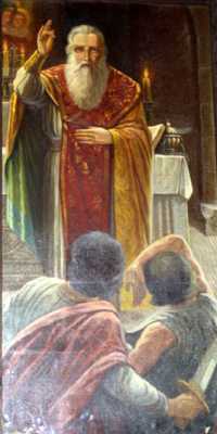 Католикос Вртанес, старший сын св. Григория, молитвой побеждает вооруженных отступников. Картина армянского художника Мартироса Алтуняна.