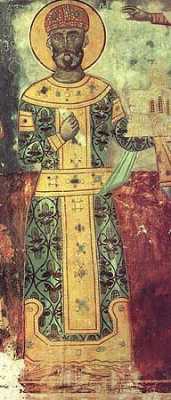 Св. Давид IV Строитель. Роспись собора Рождества Богородицы монастыря Гелати. XVI в.