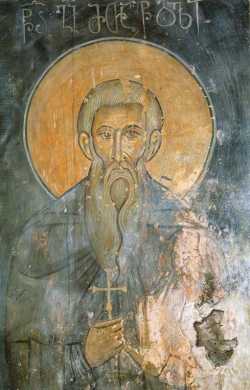 Прп. Георгий Святогорец. Фреска Ахтальского собора, Грузия, XIII век