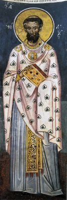 Сщмч. Мокий Амфипольский. Фреска афонского монастыря Дионисиат (авт. Зорзис Фука, 1547 год)