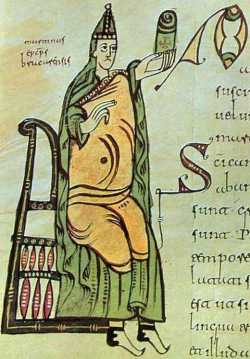 Свт. Мартин Брагский. Миниатюра из Códex Albeldensis (ок. 976 г.), библиотека монастыря Сан-Лоренцо де Эль Эскориал, Мадрид