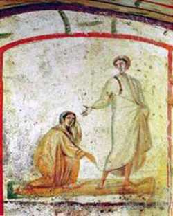 Исцеление Христом кровоточивой жены. Фреска в катакомбах Маркеллина и Петра, Рим