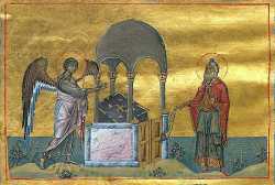 Благовестие прав. Захарии. Миниатюра из Минология Василия II, 976-1025 гг. Ватиканская библиотека