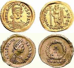 Византийские монеты с изображениями царя Маркиана и царицы Пульхерии (ок. 420-450 г.)