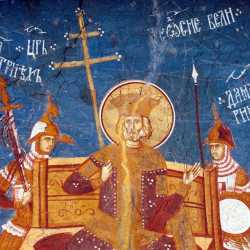 Блгв. император Феодосий Великий. Фрагмент фрески XIV в. "Второй Вселенский собор". Монастырь Высокие Дечаны, Косово