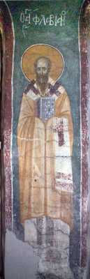 Свт. Флавиан I, архиеп. Антиохийский. Фреска XIV в. в барабане купола. Монастырь Грачаница, Косово