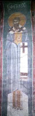Свт. Аттик. Фреска церкви Благовещения. Грачаница. Косово. Сербия. Около 1318 г.