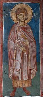 Мч. Келсий Медиоланский. Фреска (ок. 1350 г.) в церкви Христа Вседержителя, монастырь Дечаны, Косово, Сербия