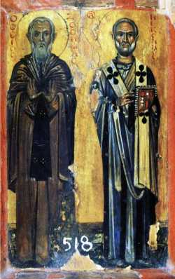 Прп. Зосима и свт. Николай. Византийская икона (X в.) из монастыря св. Екатерины на Синае