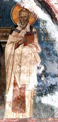 Сщмч. Василий Амасийский. Фреска (ок. 1350 г.) в церкви Христа Вседержителя, монастырь Дечаны, Косово, Сербия