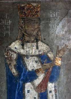 Блгв. царица Тамара. Фреска (нач. XIII в.) в церкви Рождества Богородицы Бетанийского монастыря