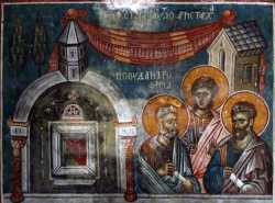 Апп. Аристарх, Пуд и Трофим. Фреска (ок. 1350 г.) в храме Христа Пантократора. Дечаны, Косово, Сербия