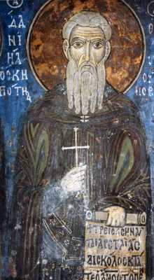 Прп. Даниил Скитской. Фреска (1197 г.). Монастырь Неофита, Кипр