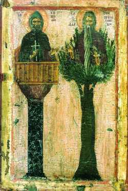 Преподобные Симеон Столпник и Давид Солунский. Икона. Сер. XV в. (монастырь Ватопед)