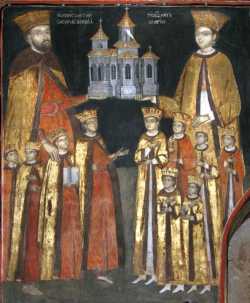 Господарь Константин Брынковяну с супругой Марией, сыновьями и дочерями. Фреска монастыря Маму.