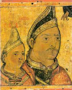 Господарь Нягое Басараб с сыном Феодосием. Образ из Афонского Дионисиевского монастыря.