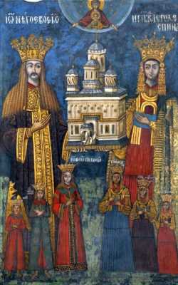 Господарь Нягое Басараб с семейством. Фреска Добромира Зографа 1526 г., епископский храм Куртя-де-Арджеш
