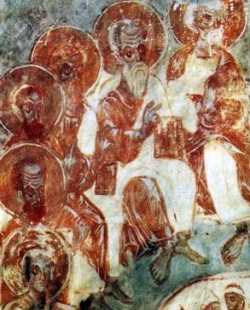 Сошествие Святого Духа на апостолов. Деталь фрески 1313 г., Богородице-Рождественский собор Псковского Снетогорского монастыря