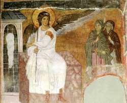 Белый ангел (архангел Гавриил) благовествует женам-мироносицам. Фреска ок. 1235 г. Вознесенский храм Милешевского монастыря