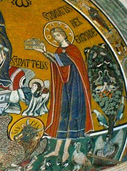 Мч. Мина Флорентийский, предстоящий Христу. Фрагмент мозаики XIII в. в церкви Сан-Миниато-аль-Монте, Флоренция, Италия