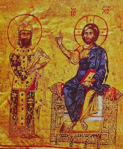 Иисус Христос благословляет имп. Алексея I Комнина. Миниатюра,  XIII-XIV в. Библиотека Ватикана