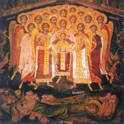 Собор бесплотных Сил Небесных и поверженный Денница. Фреска 1603 г. Трапезная Афонского Дионисиевского монастыря
