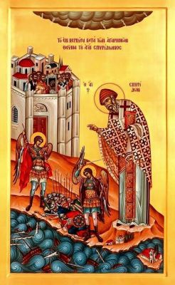 Чудо Святителя Спиридона Тримифунтского с агарянами на острове Керкира (Корфу). Греческая икона