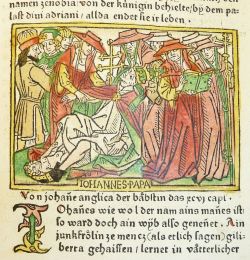 Папесса Иоанна рожает ребенка. Иллюстрация из книги Джованни Боккаччо "О знаменитых женщинах". Напечатано Йоханнесом Зайнером в Ульме ок. 1474 года