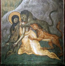 Страдание первомц. равноап. Феклы. Фреска (ок. 1318 г.), церковь Благовещения, Грачаница, Косово, Сербия