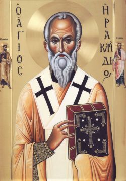 Священномученик Иераклидий Тамасский с апостолами Варнавой и Павлом. Греческая икона